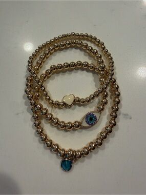 BaubleBar Gold Beaded Charm Bracelet Set with Blue and Cream Accents